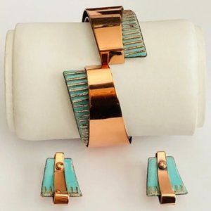 Renoir Matisse Scultura Copper &Turquoise-Colored Enamel Bracelet w/Earrings
